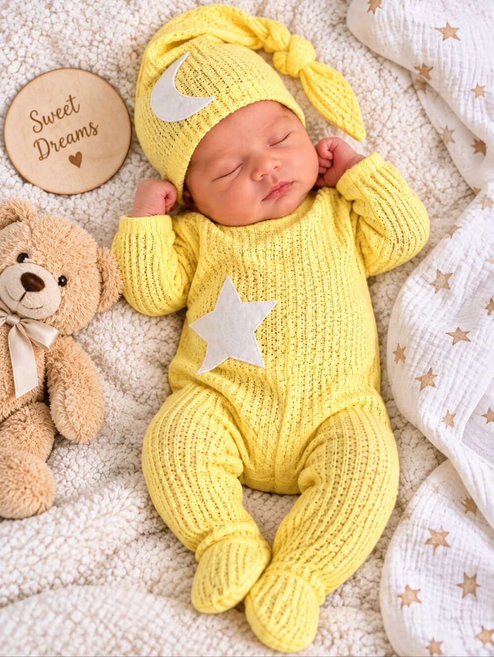 Baby Yellow Knit Footed Romper & Hat Stars Moon Newborn 2 Piece Set -O